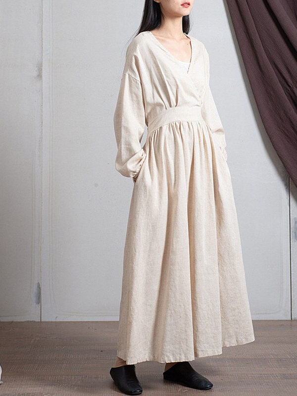 Cotton and linen V-neck dress – 3 colors