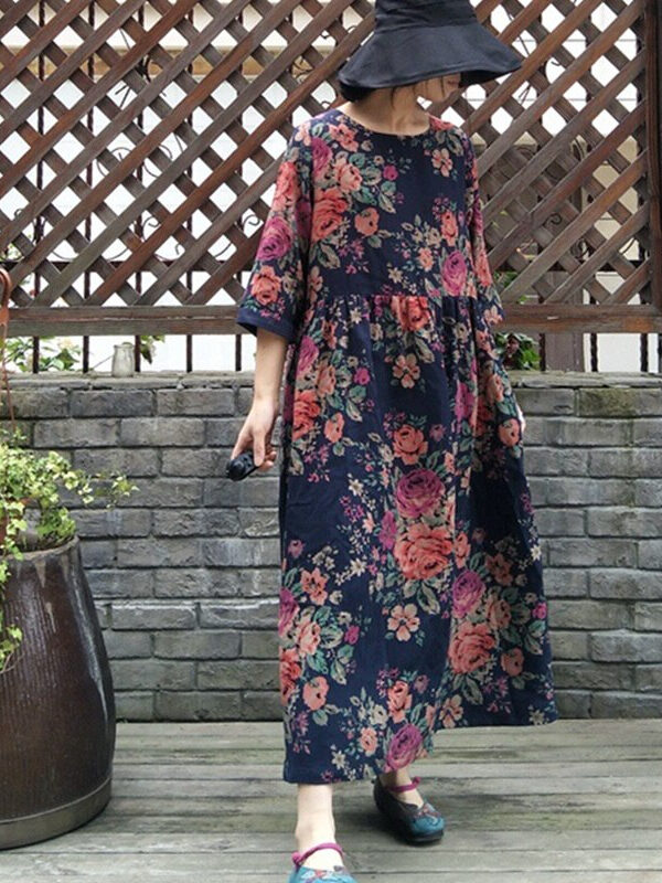 National style vintage dress with floral print