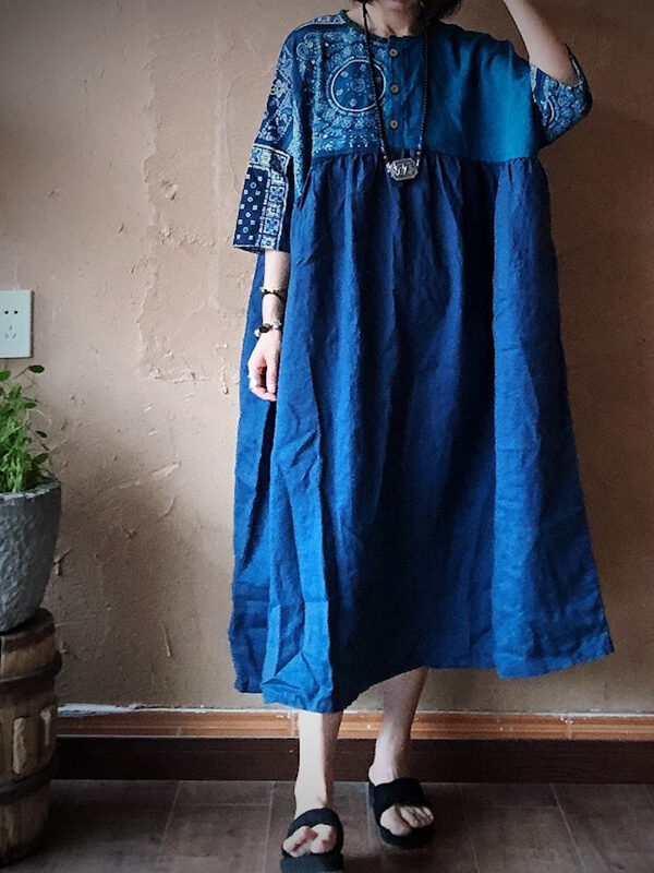 Print patchwork linen retro dress – 3 colors