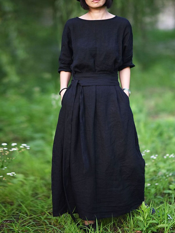 V-neck cotton and linen black dress