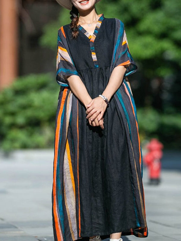 Vintage striped dress V-neck with short sleeve