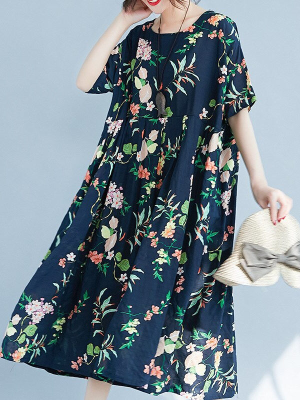 Casual O-neck dress withs floral print