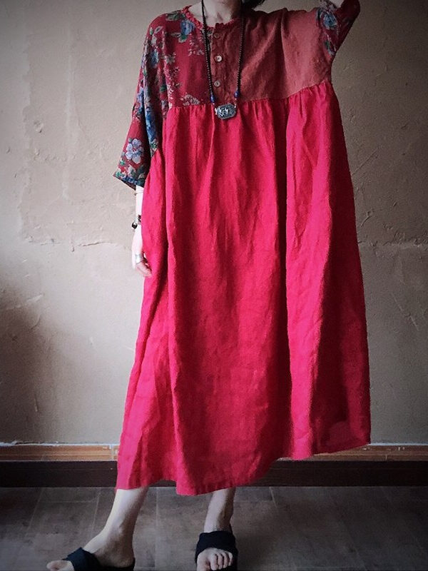 Print patchwork linen retro dress – 3 colors