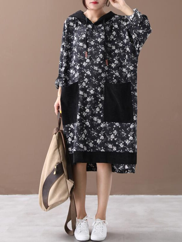 Hooded corduroy dress with floral print – 2 colors