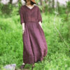 V-neck Cotton and linen purple dress 1