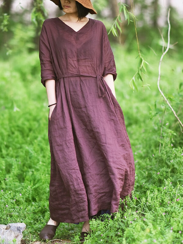 V-neck Cotton and linen purple dress