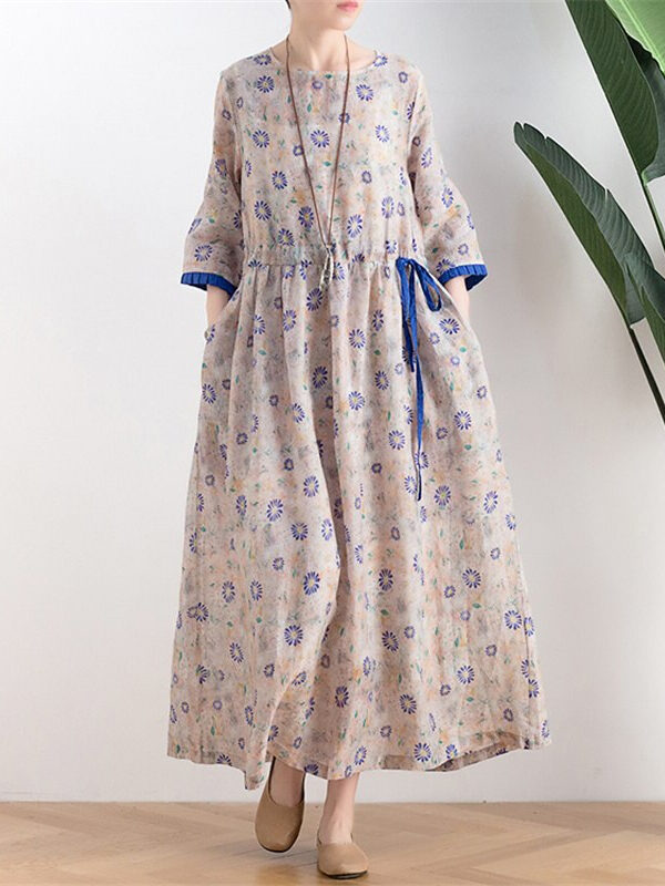 Vintage floral print O-neck dress