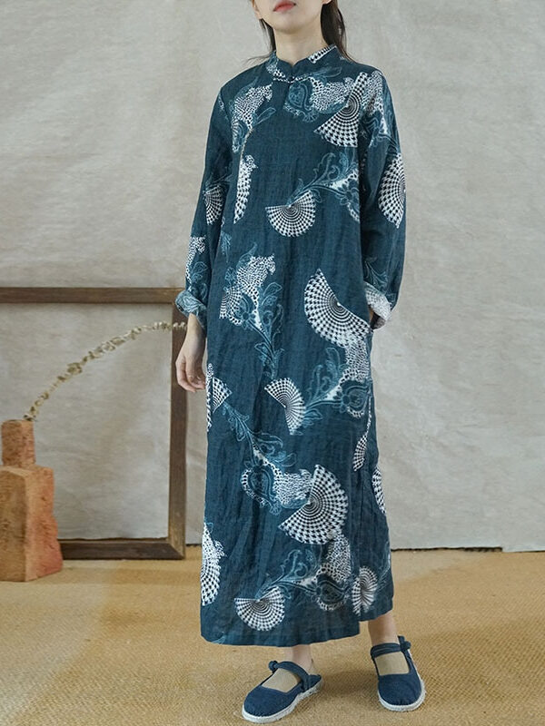 Chinese style linen floral print dress