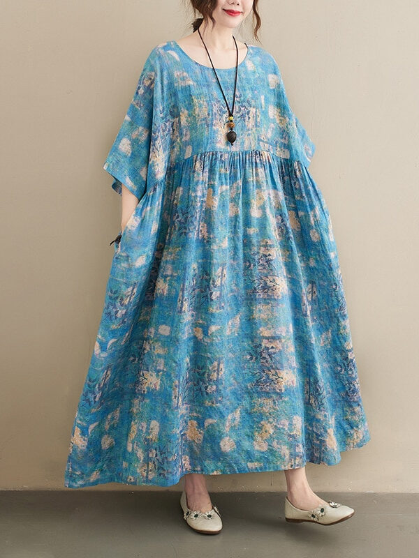 Vintage print O-neck half sleeve dress