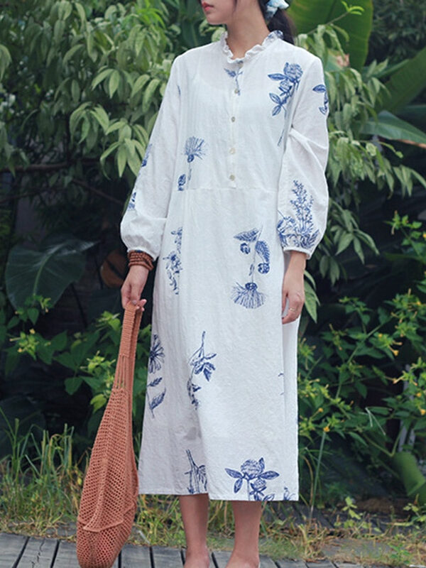 Cotton casual long sleeve floral print dress