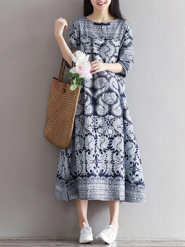 Vintage print half sleeve cotton and linen dress