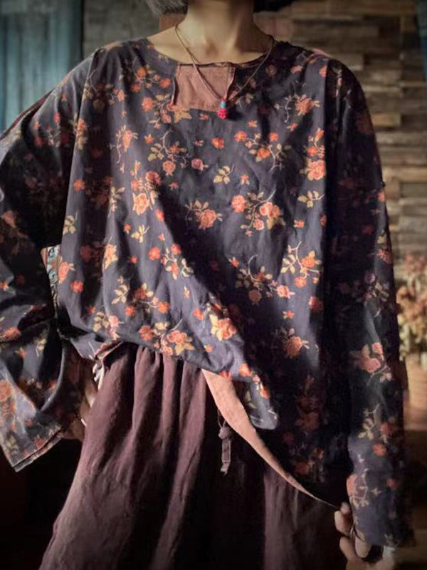 Patchwork floral print O-neck blouse – 2 colors