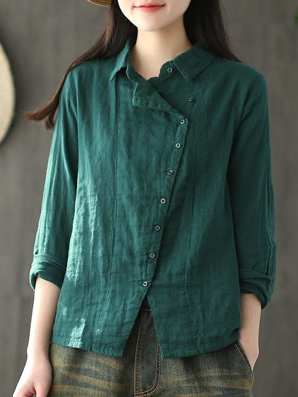 Cotton vintage solid color Turn-down collar blouse – 6 colors