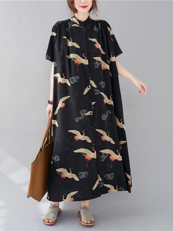 Single breasted dress with birds print