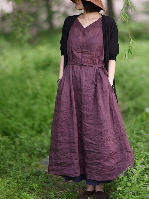 V-neck Cotton and linen purple dress