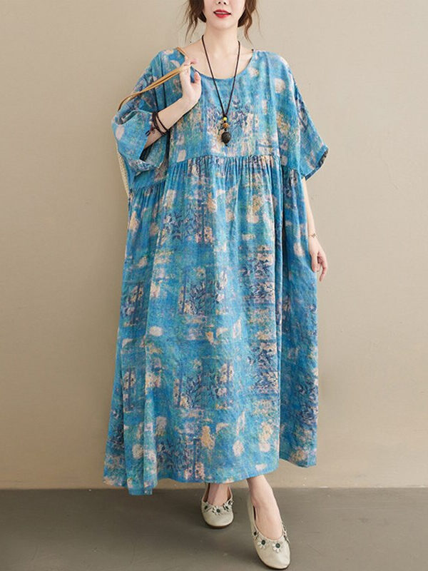 Vintage print O-neck half sleeve dress