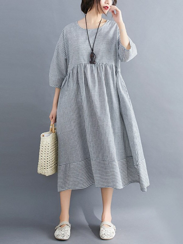 Striped loose O-neck dress – 2 colors