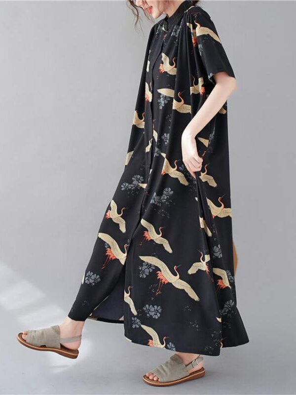 Single breasted dress with birds print