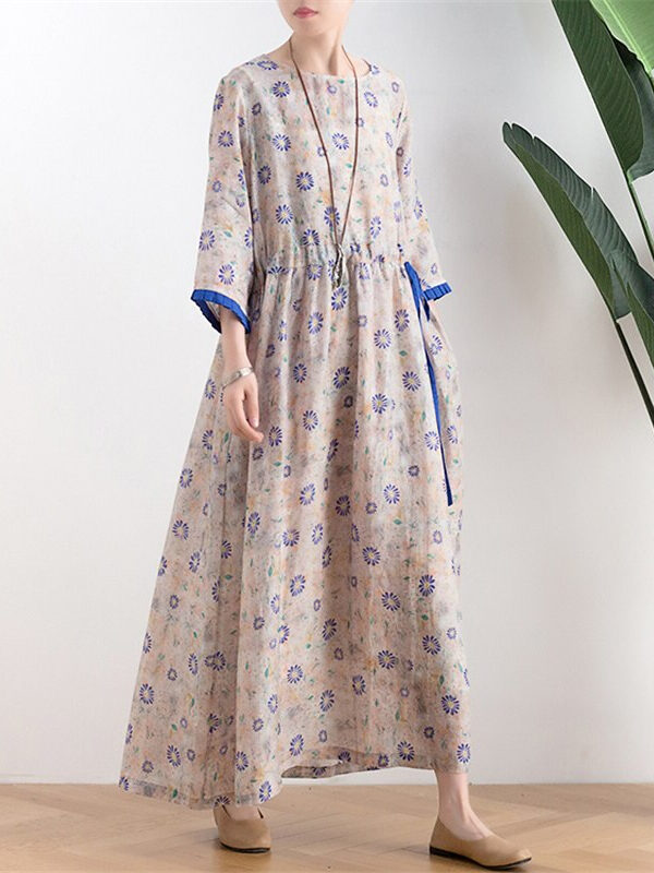 Vintage floral print O-neck dress