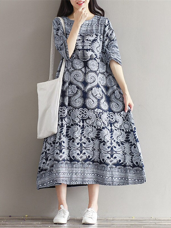 Vintage print half sleeve cotton and linen dress