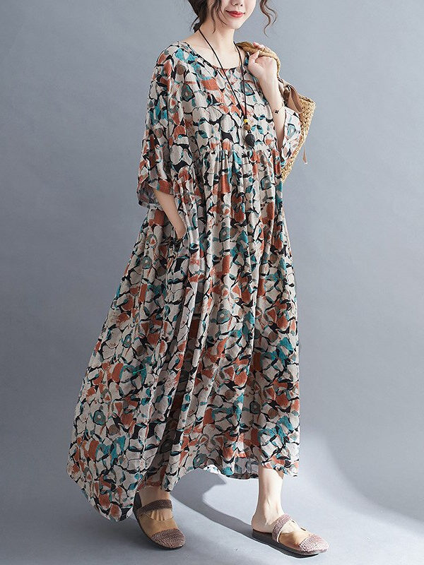 Print vintage O-neck half sleeve loose dress – 2 colors