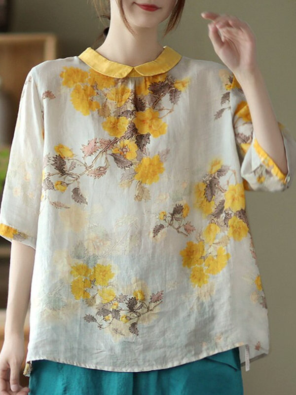 Blouse with floral print and turn-down collar – 2 colors