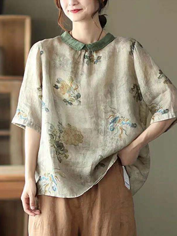 Blouse with floral print and turn-down collar – 2 colors