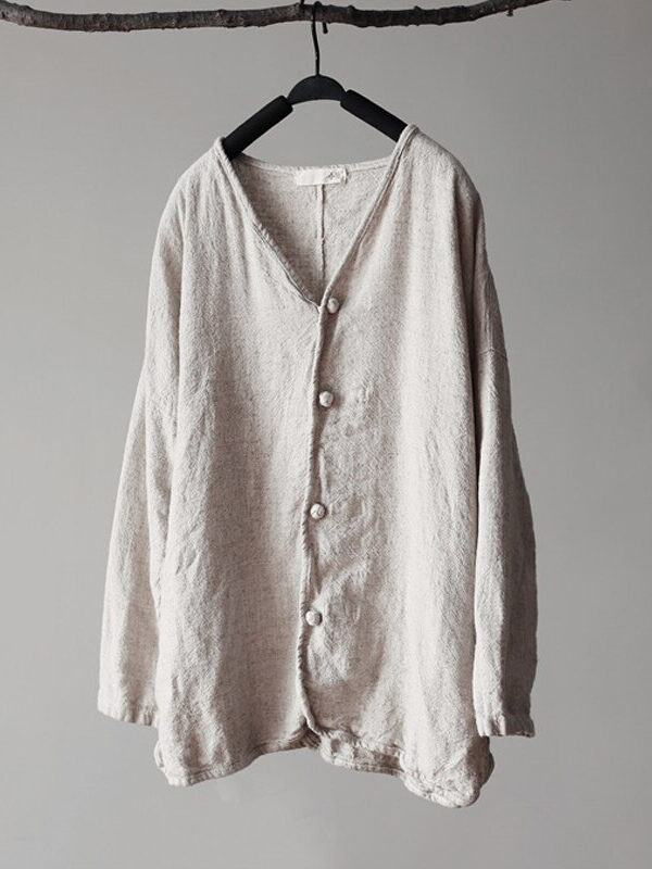 Cotton and linen long sleeves V-neck shirt
