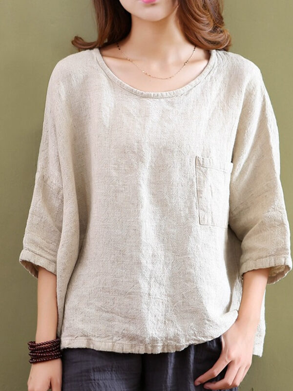Half sleeve cotton linen O-neck loose shirt -2 colors
