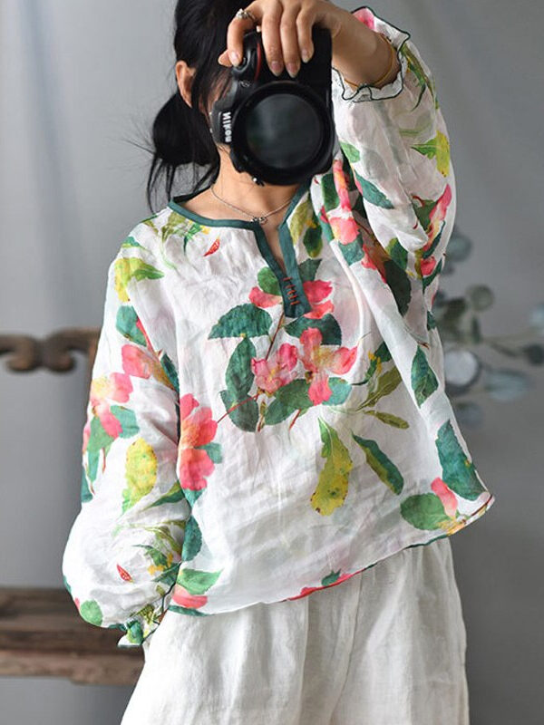 Vintage floral print shirt with lantern sleeves – 4 color