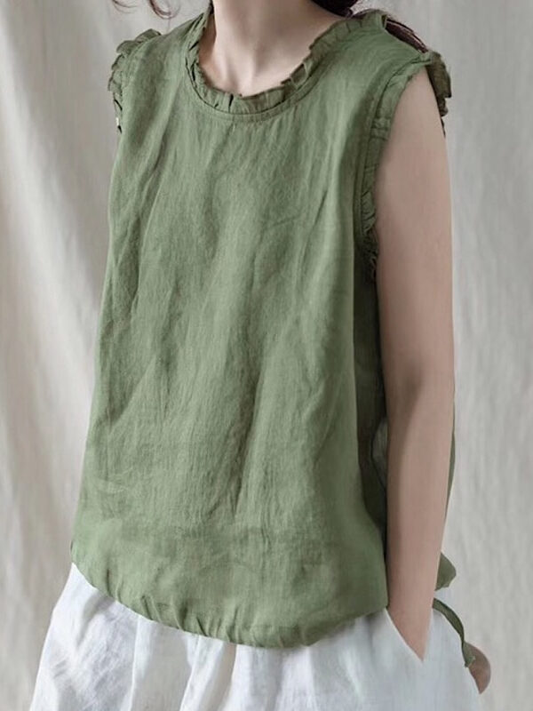 Vintage linen solid color O-neck sleeveless shirt – 5 colors