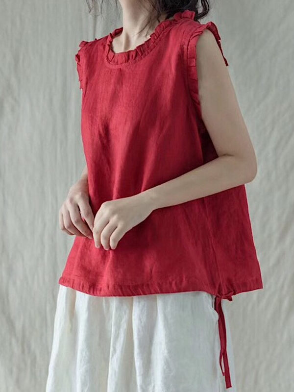 Vintage linen solid color O-neck sleeveless shirt – 5 colors