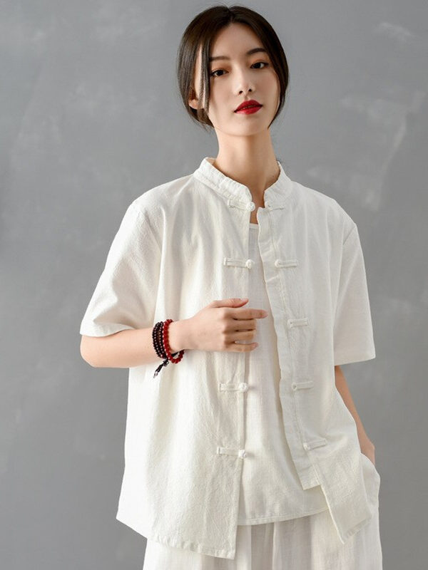 Cotton and Linen Solid Color Short Sleeve Blouse – 3 colors