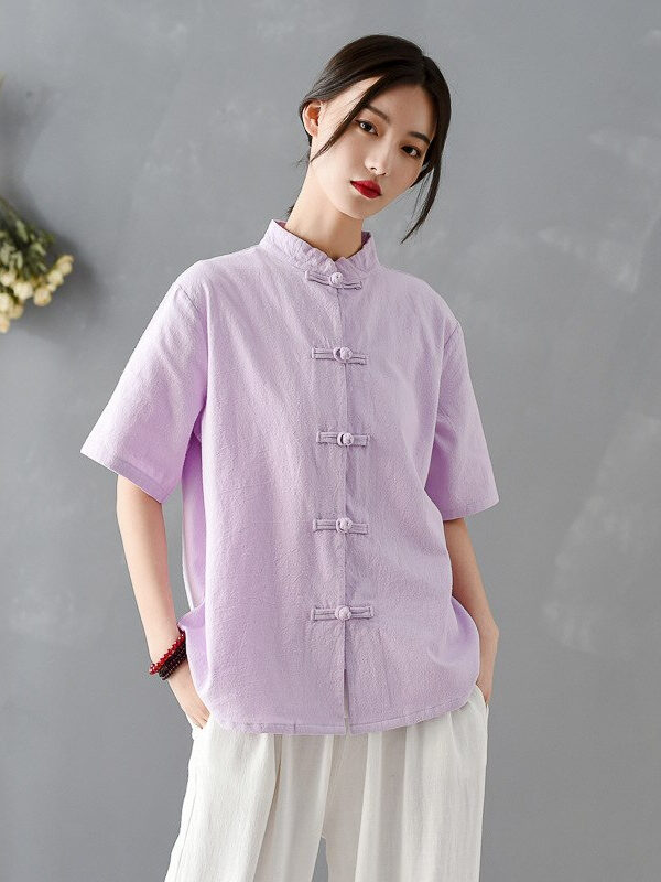 Cotton and Linen Solid Color Short Sleeve Blouse – 3 colors