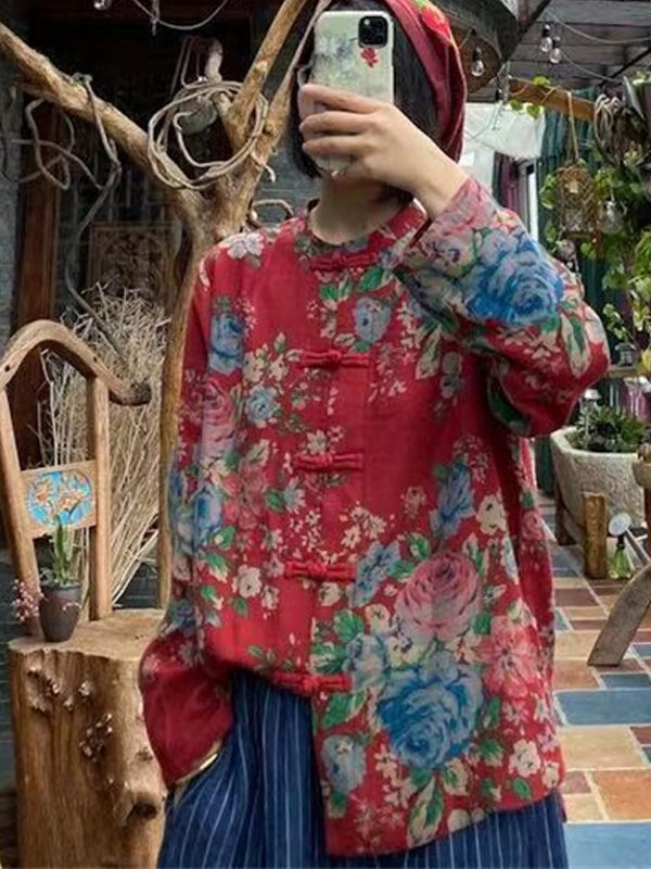 Red Cotton Linen Blouse with Floral print