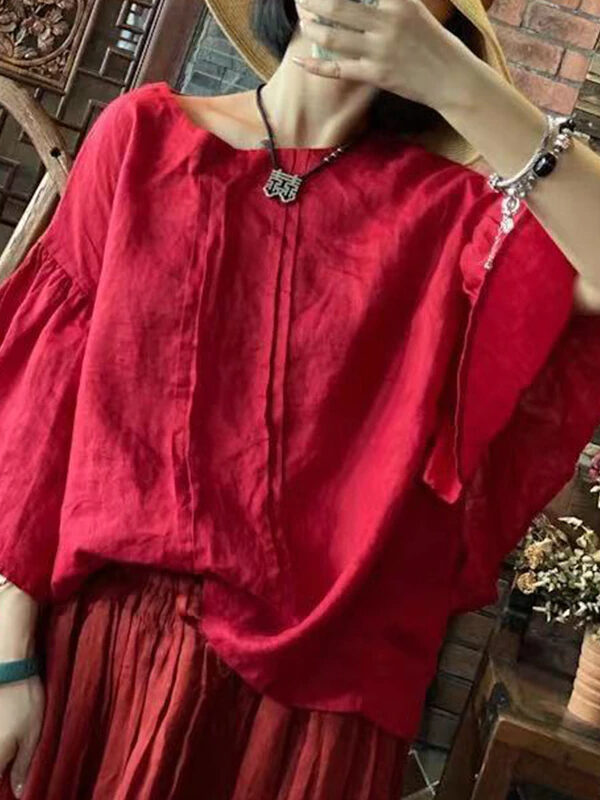 Red Linen O-neck Three Quarter Flared Sleeve