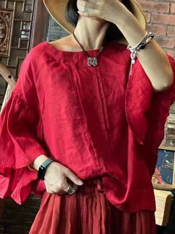 Red Linen O-neck Three Quarter Flared Sleeve