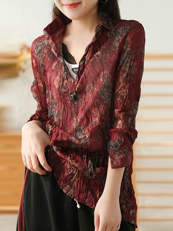 Vintage Blended Loose blouse with Turndown Collar – 5 colors