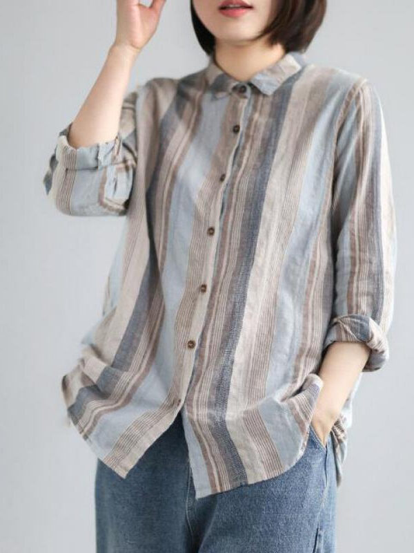 Vintage Cotton Linen Striped Turn-down Collar Shirt