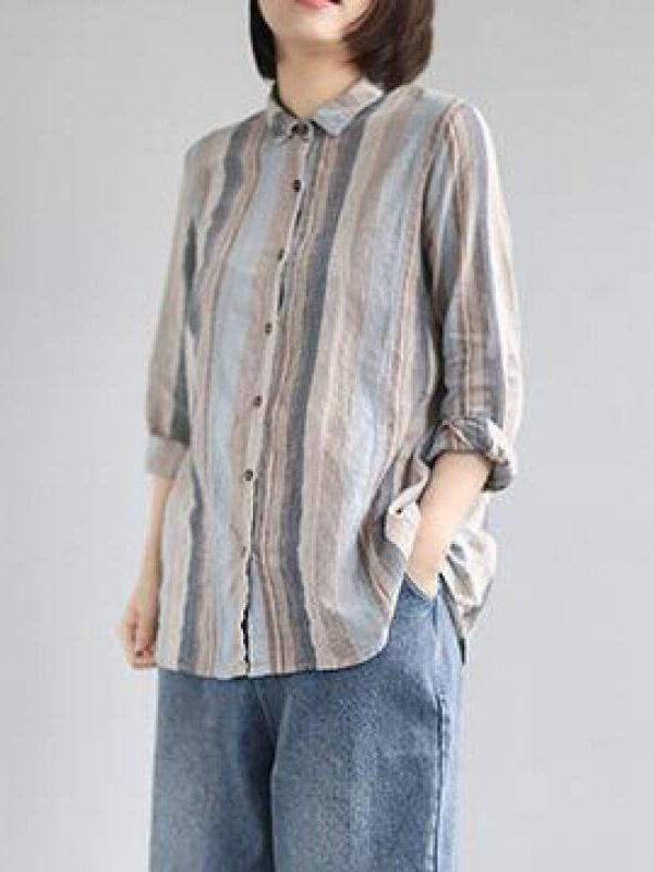 Vintage Cotton Linen Striped Turn-down Collar Shirt